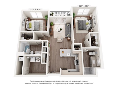 Floor plan for 2 beds, 2 baths, 1142 sqft